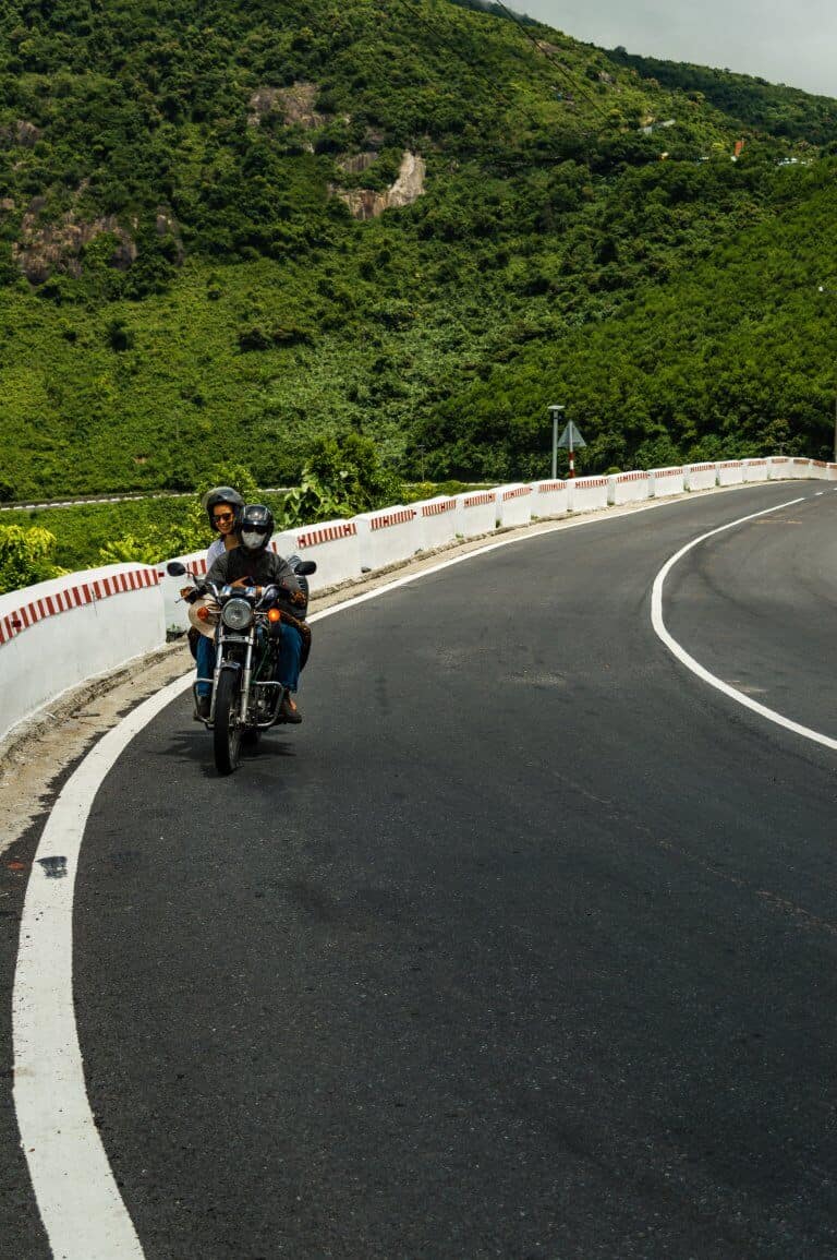 Ascending up the steep hai Van Pass mountains, on board an Easy Riders Vietnam motorcycle.