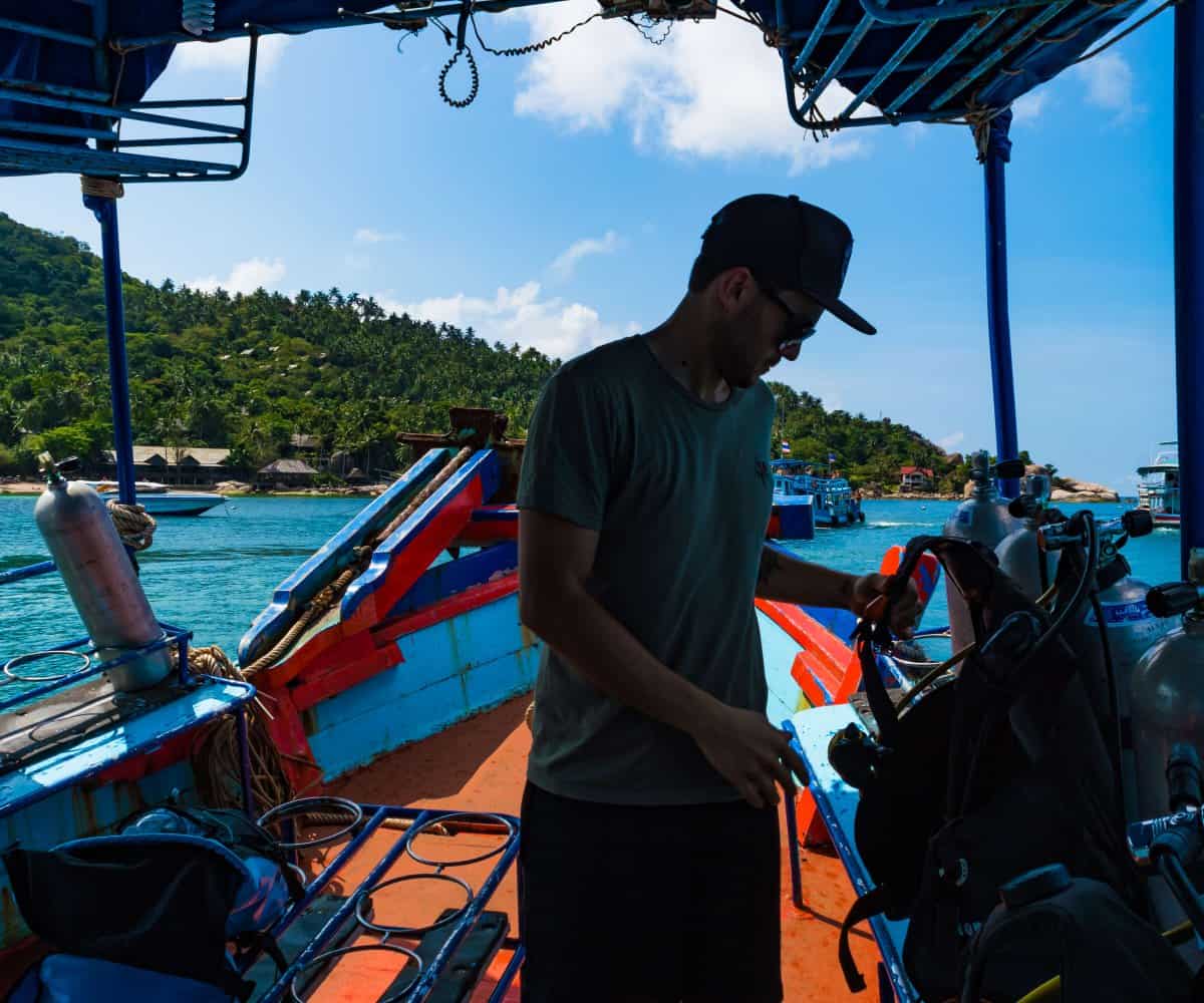 My mate, Josh, prepping his gear for another amazing Koh Diving site, Thailand.