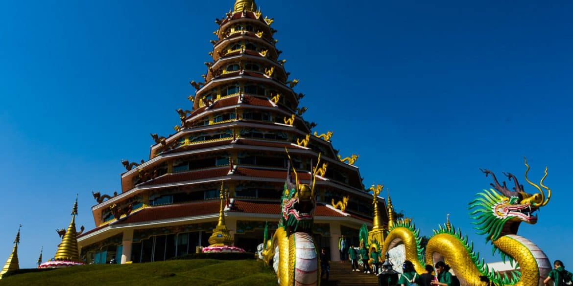 Wat Huai Pla Kung Temple Complex, full of school children, Chiang Rai, Thailand