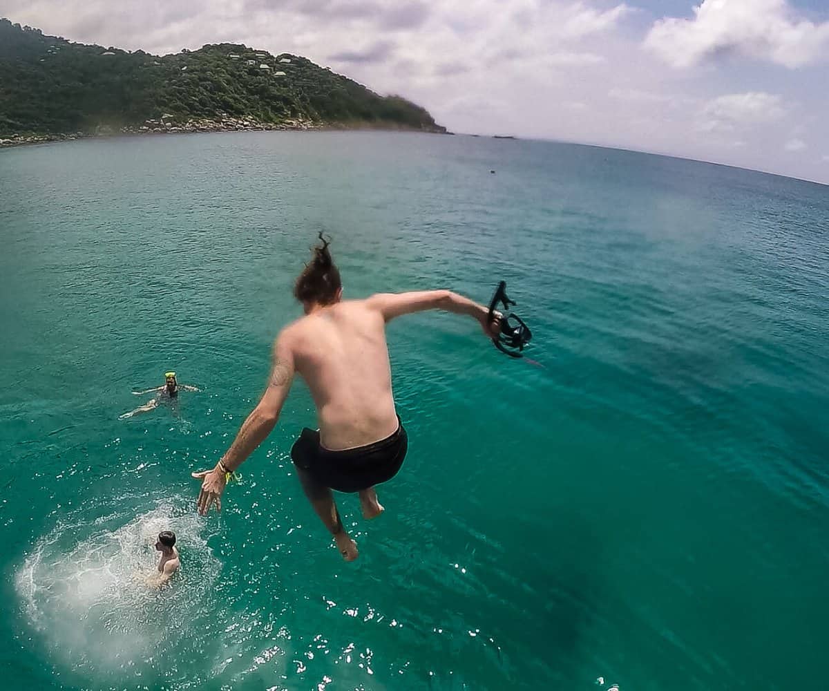Jumping from the second story of my Koh Tao snorkel trip boat, Thailand