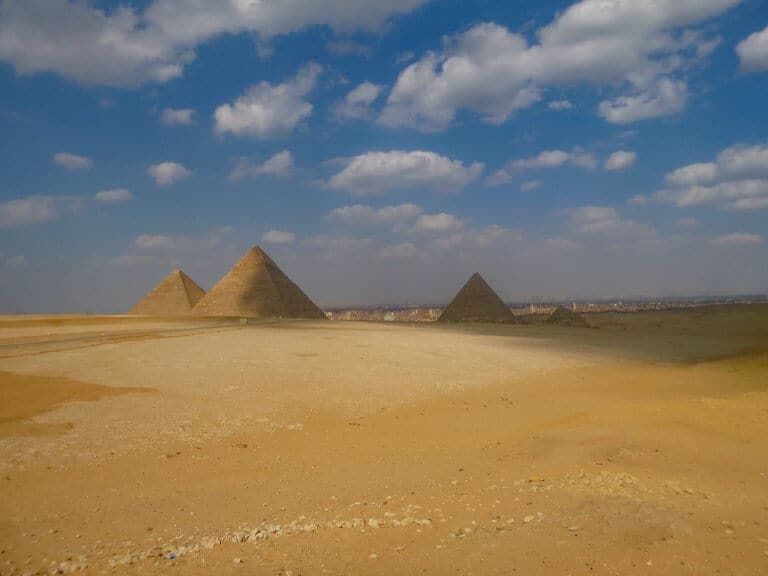 Pyramids of Giza, with the city Cairo in the background