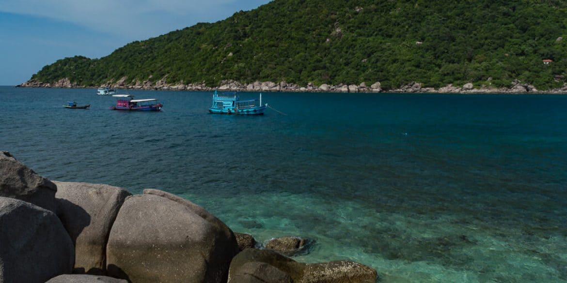 Looking across the pristine water to Koh Tao Island, from Nang Yuan Island, Thailand