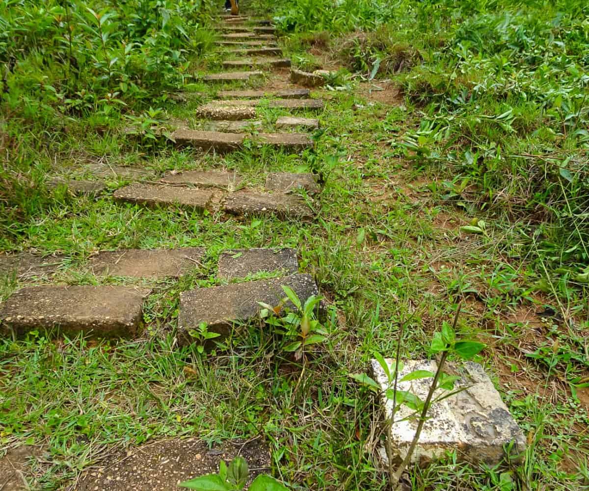The steps leading to one of the Plain of Jar's site, with the MAG path marker visible.