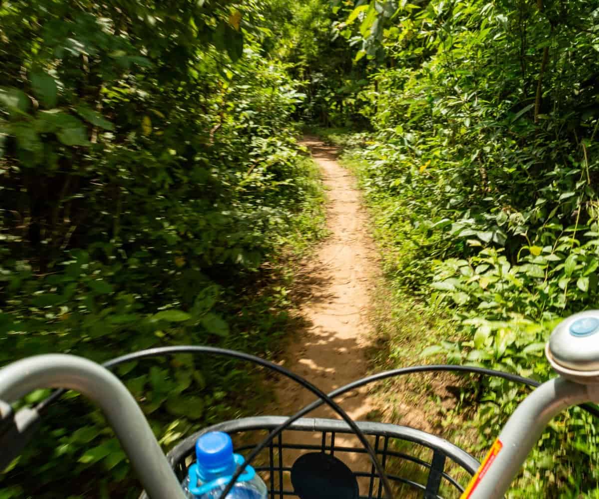 Peddling through dense jungle paths on Don Khon Island