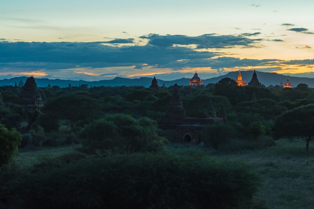 Bagan night time temples illuminated