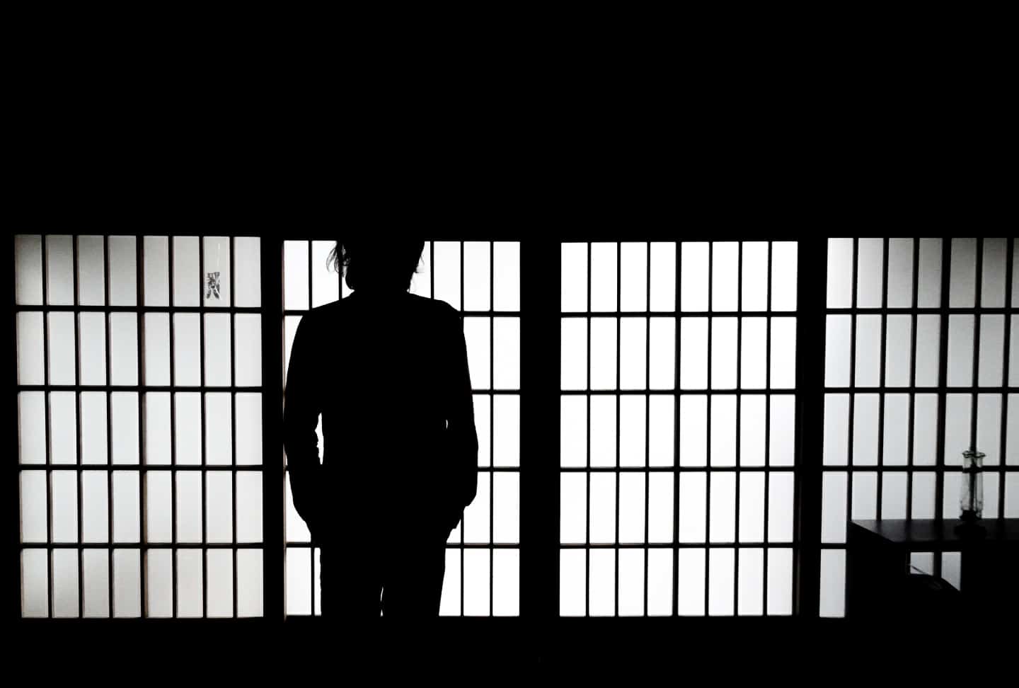 Silhouette standing in front of mino washi paper doors