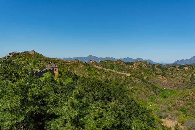 The Great Wall of China weaves along the ridge line