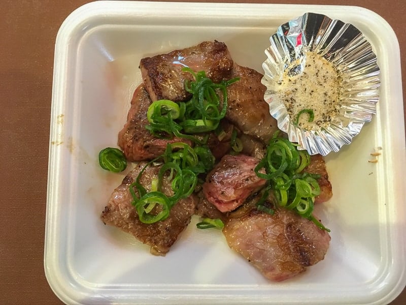 Maruzen is the stall where Kobe beef is served in Kuromon Market, Osaka