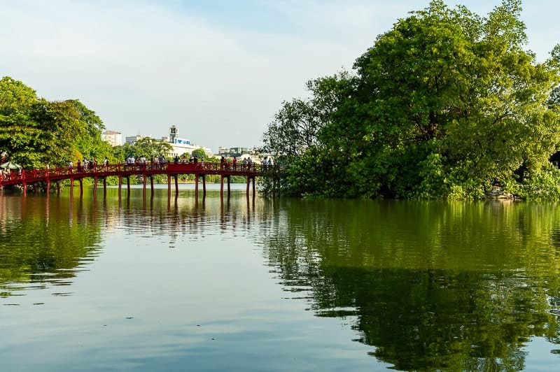 This red bridge leads to Ngoc Son Temple on Hoan Kiem Lake in Hanoi, Vietnam