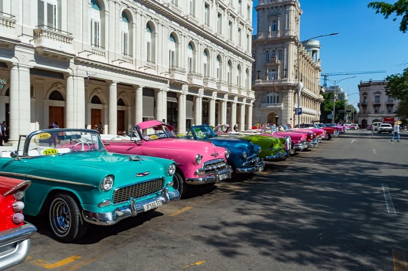 Classico cars lined up on the streets of Havana in Cuba