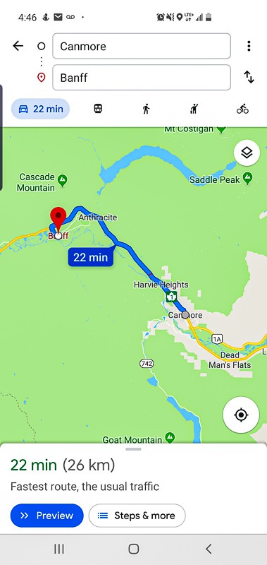 Map of driving route from Canmore to Banff in Alberta 