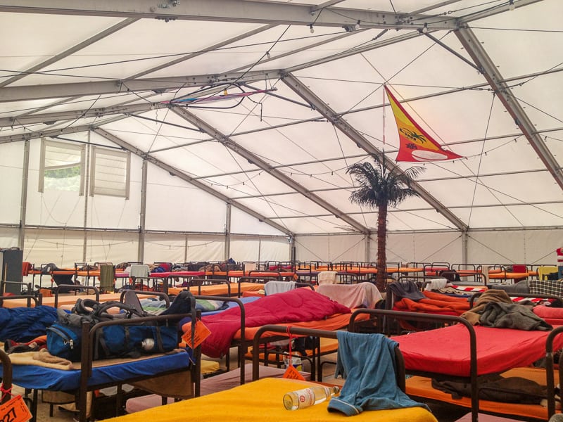 100-person tent backpacker hostel in Germany