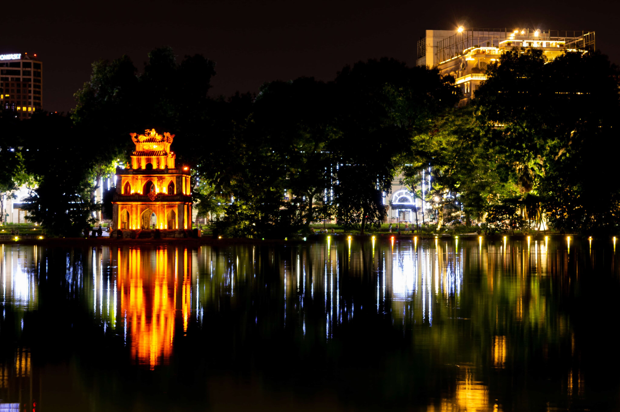 Overlooking Hoan Kiem Lake at night in Hanoi