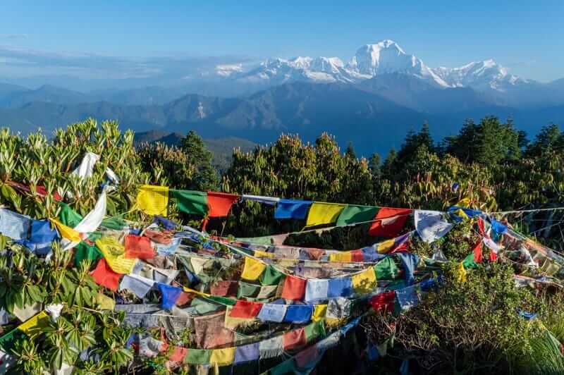 View from the Poon Hill lookout and prayer flags near Pokhara