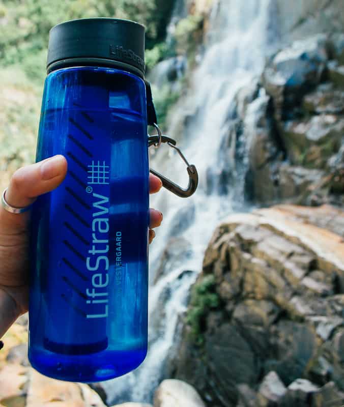 Lifestraw Go Waterbottle near a waterfall